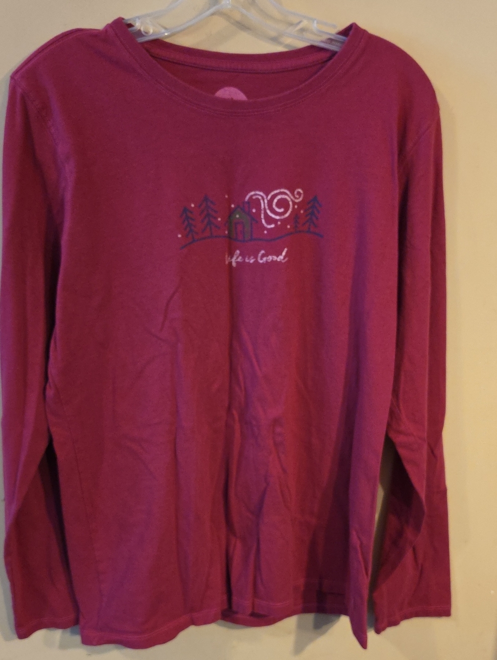 Life Is Good Berry-Pink Long Sleeve Tee with Cabin Graphic
